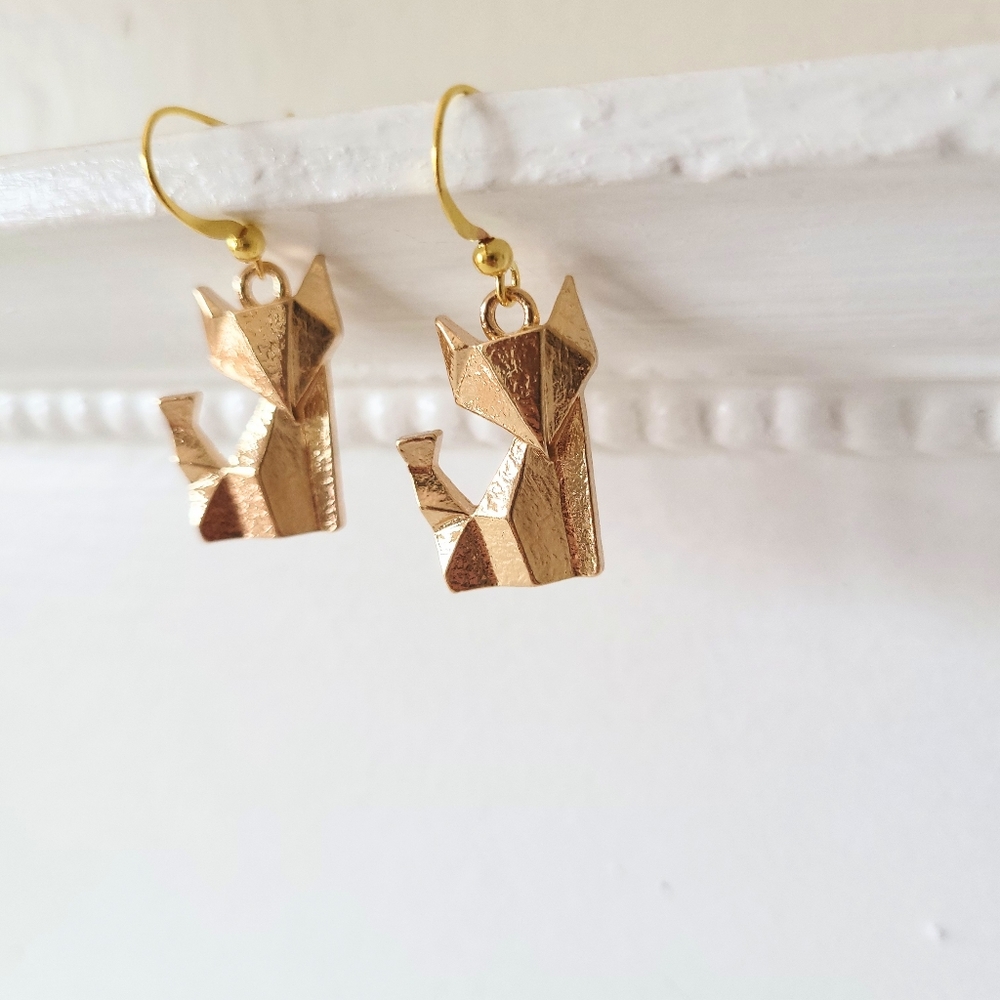 Gold fox earrings - origami style - gift